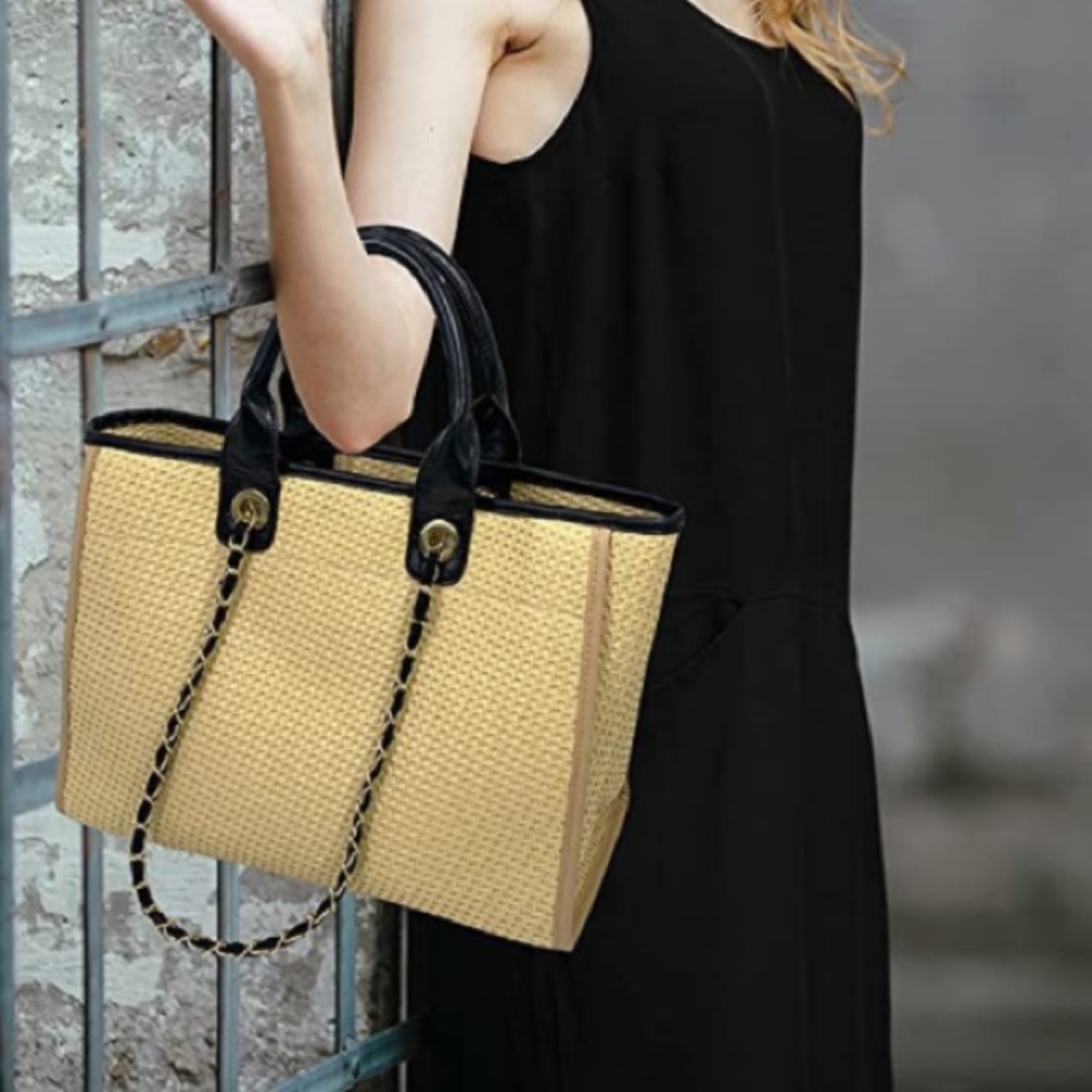 Woven Straw Tote Bag with Black Trim - Picture 4 of 4